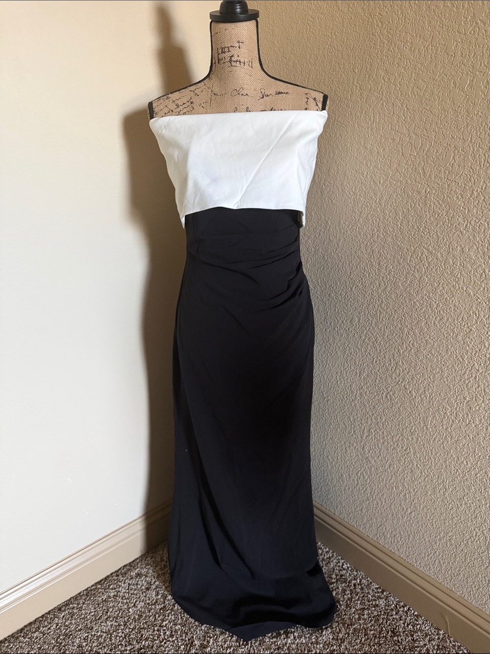 Vince Camuto Black and Off White Strapless Evening Gown